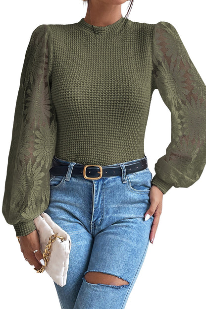 Black Sunflower Mesh Bubble Sleeve Waffle Knit Top