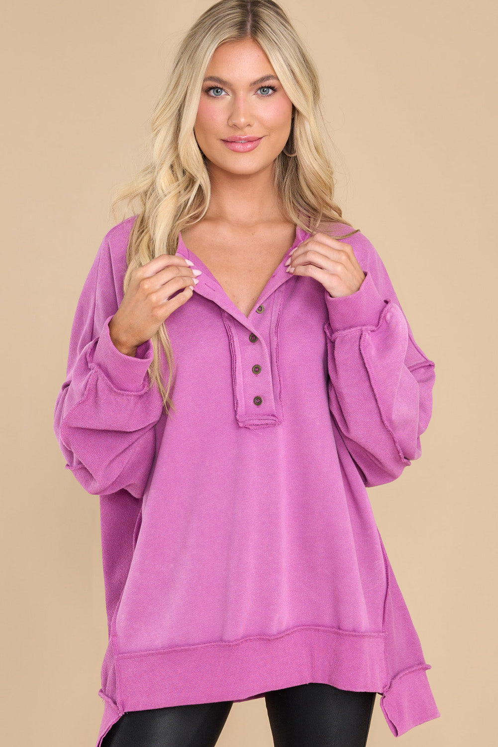 Green Oversized Exposed Seam Henley Sweatshirt