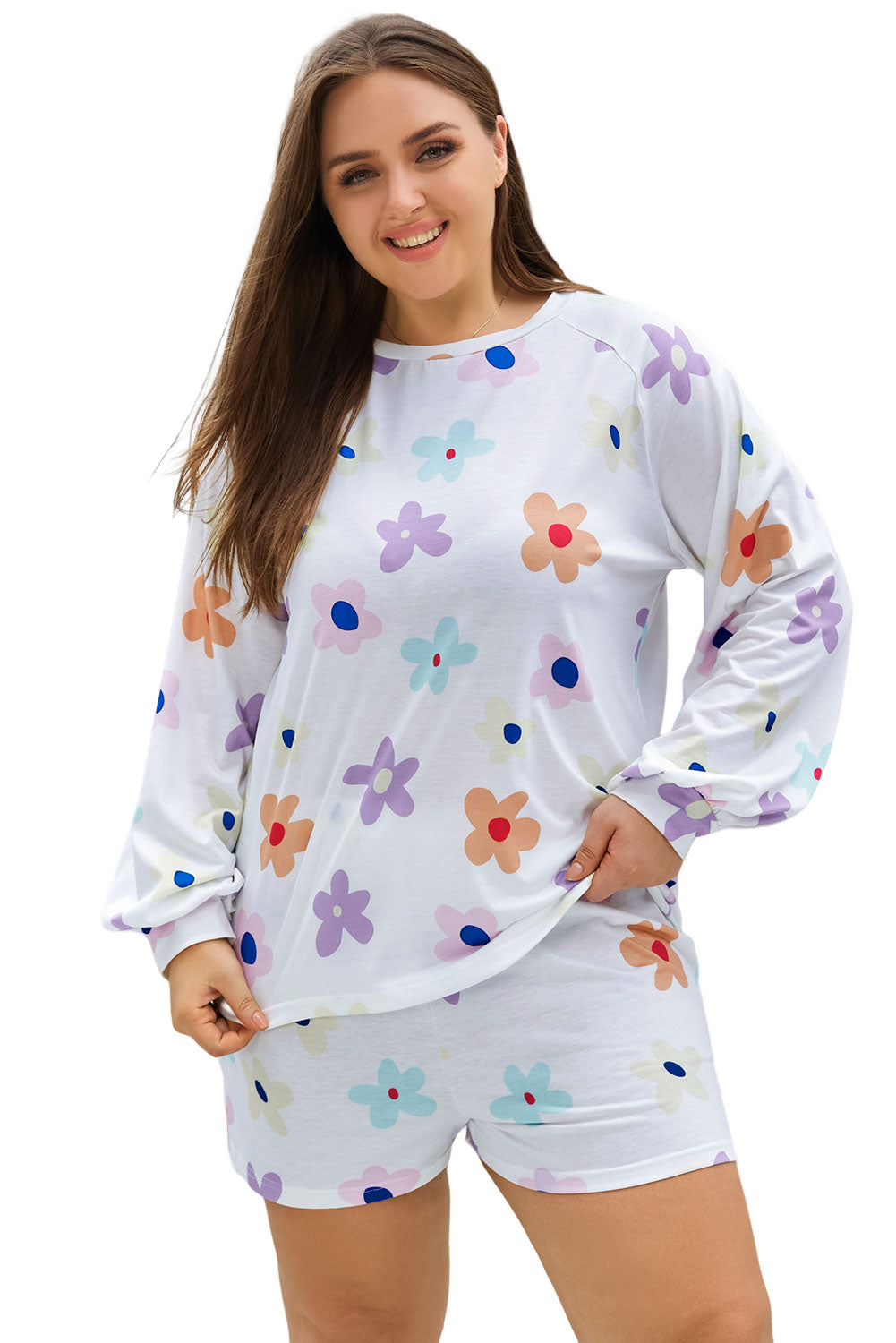 White Floral Long Sleeve Henley Top and Drawstring Shorts Set