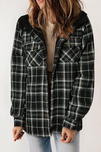 Orange Plaid Pattern Sherpa Lined Hooded Shacket