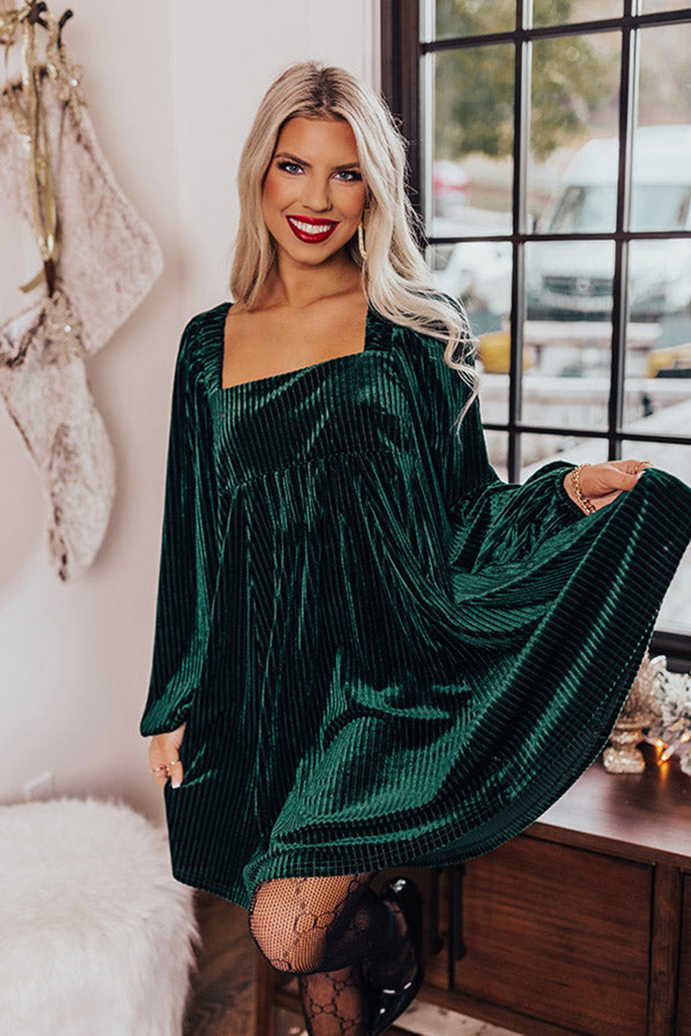 Pink Smocked Ribbed Velvet Babydoll Top