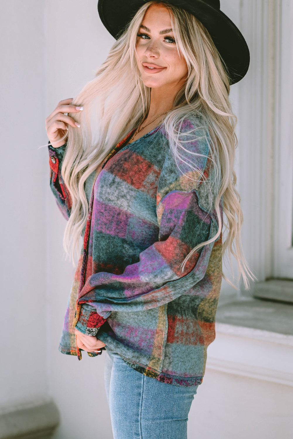 Multicolor Brushed Plaid Buttoned Pullover Oversized Hoodie