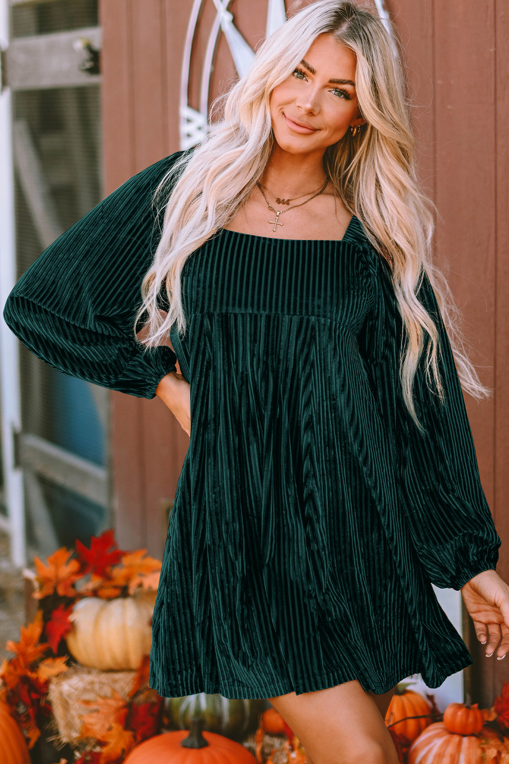 Pink Smocked Ribbed Velvet Babydoll Top