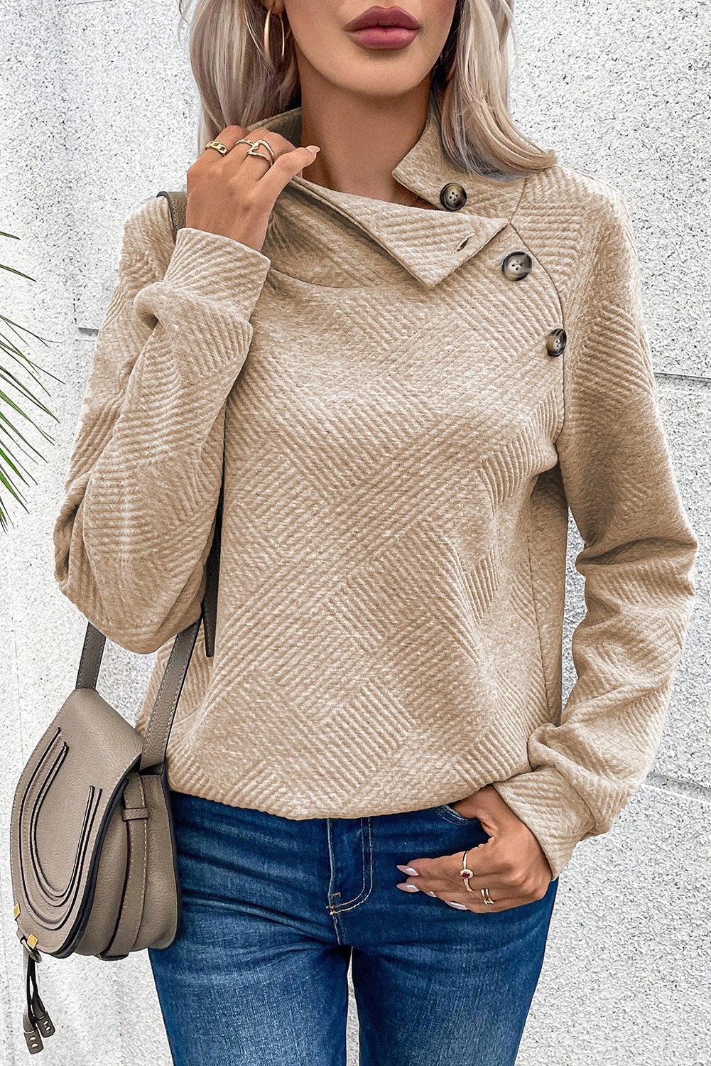 Light Grey Textured Knit Buttoned Kangaroo Pocket Sweatshirt