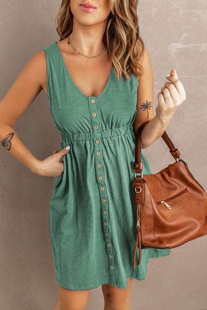 Black Buttons Sleeveless High Waist Mini Dress