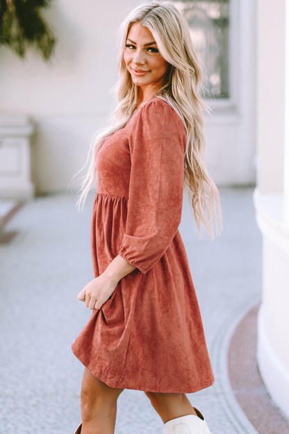 Jungle Green Suede Square Neck Puff Sleeve Dress