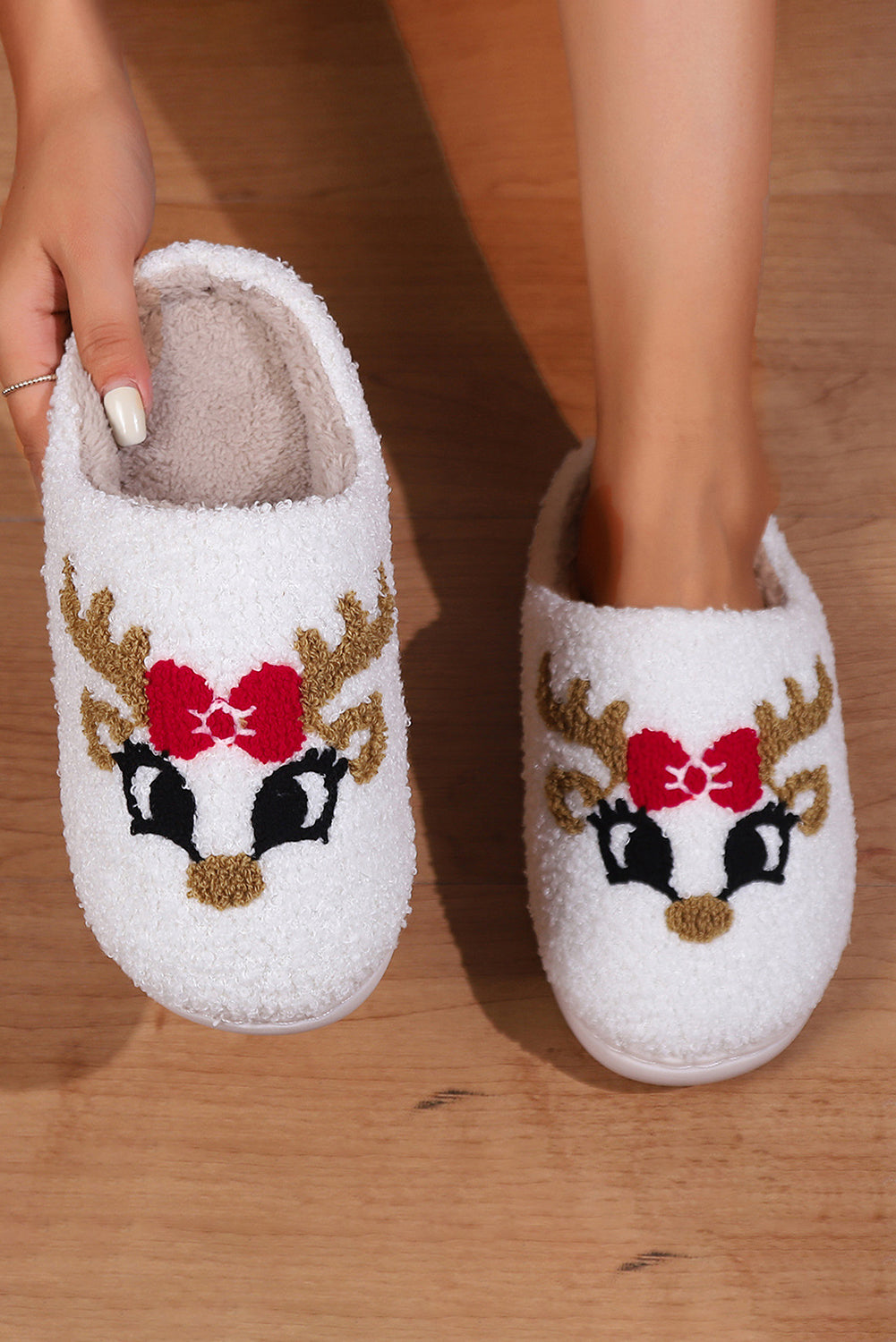 White Christmas Deer Home Indoor Plush Slippers