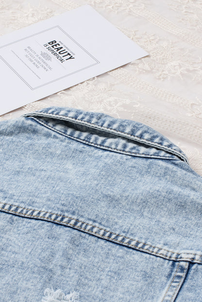 Dark Blue Plus Size Distressed Flap Pocket Denim Jacket