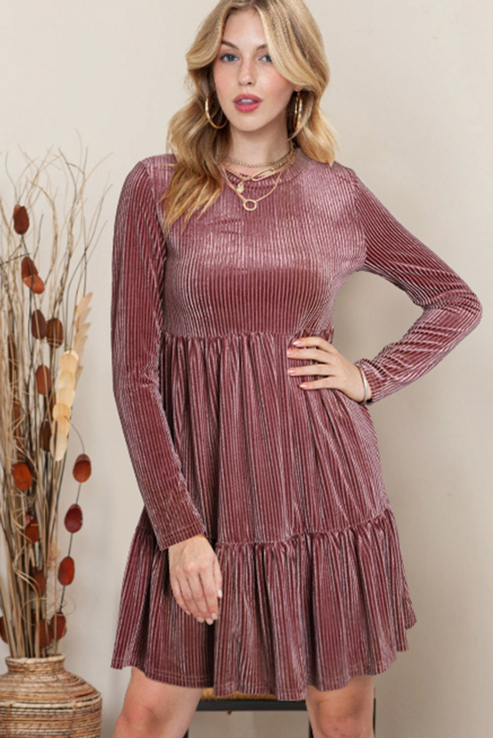 Pink Smocked Ribbed Velvet Babydoll Top