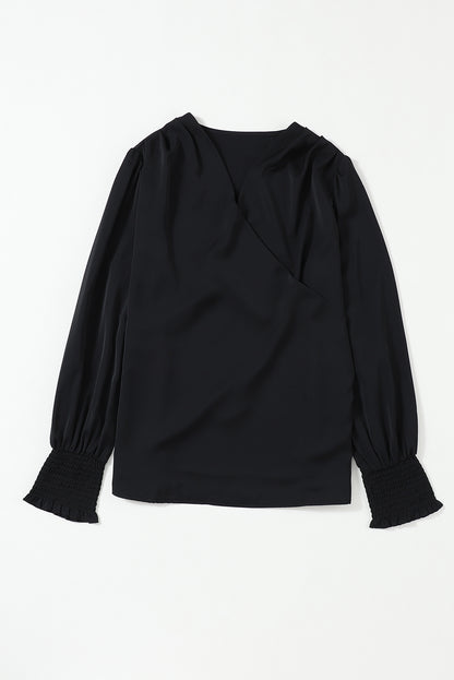 Khaki Solid Surplice Neck Shirred Cuffs Draped Blouse