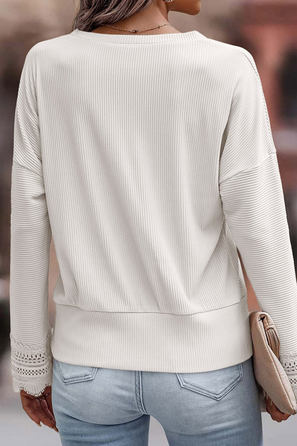 Black Ribbed Texture Lace Trim V Neck Long Sleeve Top