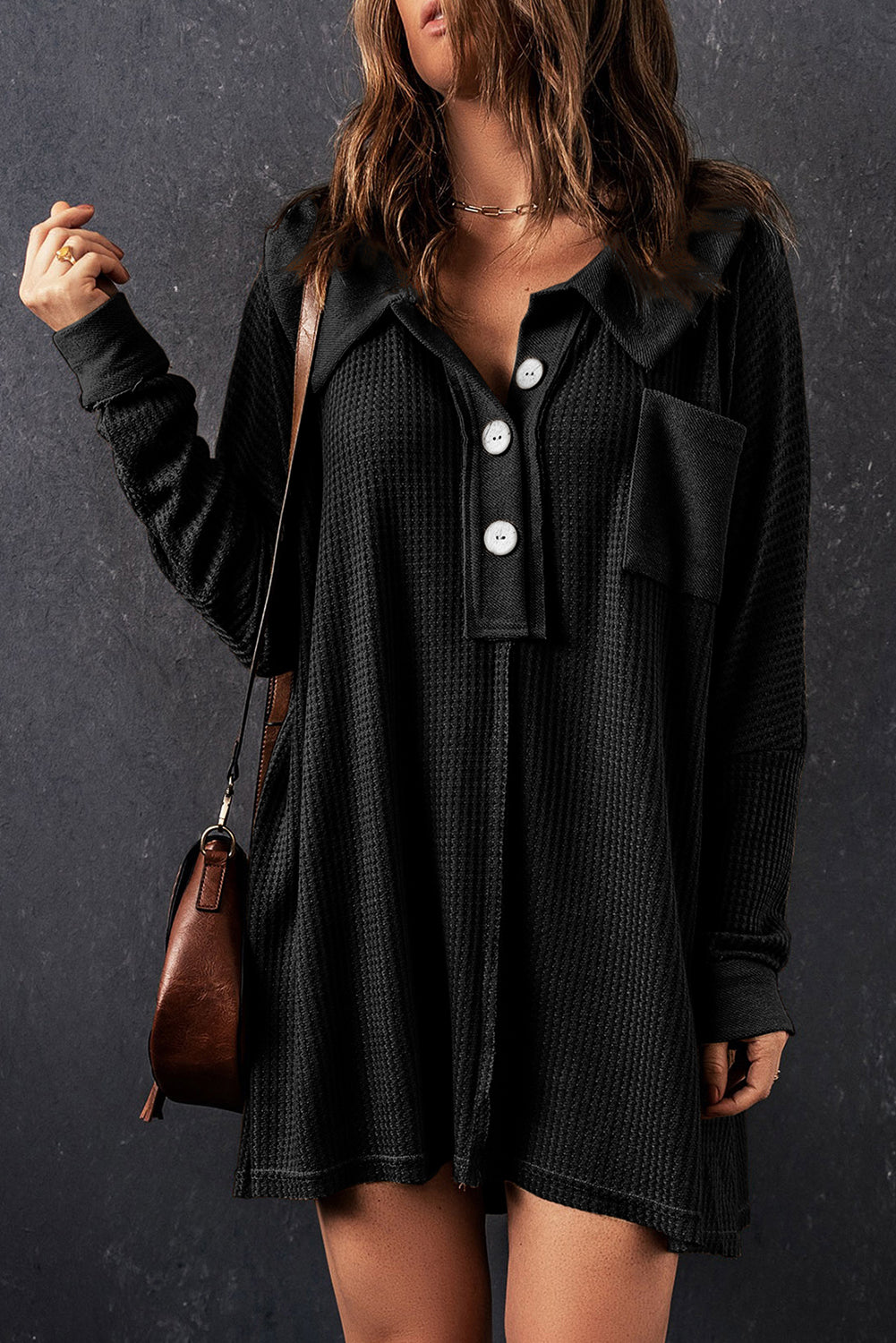Brown Waffle Knit Buttoned Long Sleeve Top