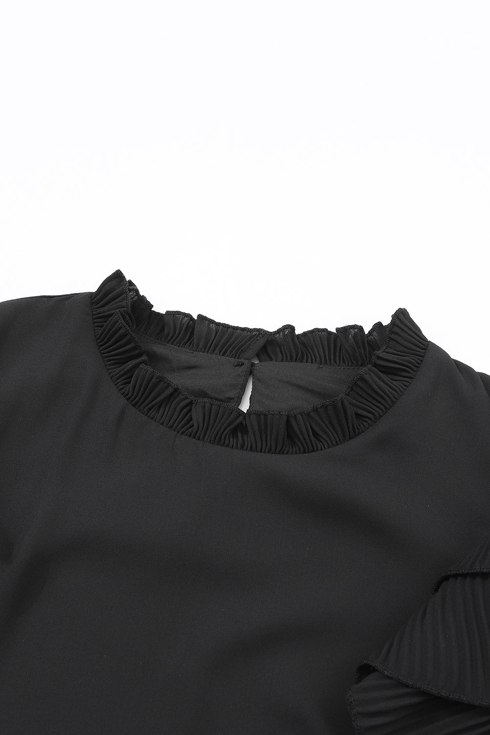 Rose Button Keyhole Back Pleated Ruffle Trim Blouse