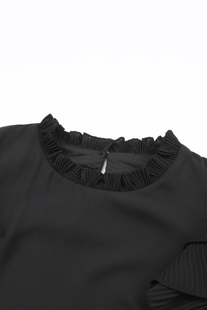 Rose Button Keyhole Back Pleated Ruffle Trim Blouse