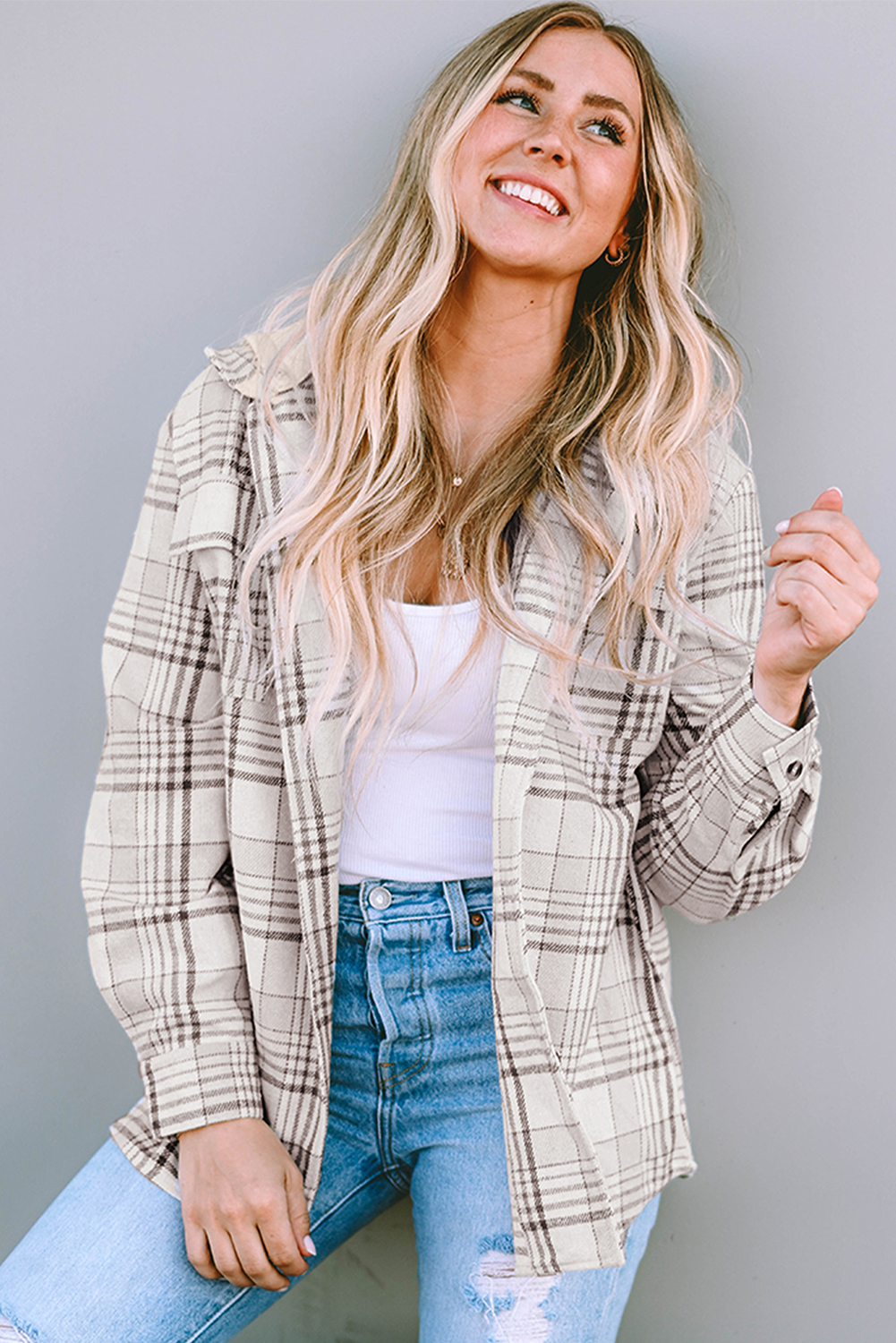 Khaki Printed Plus Size Plaid Print Contrast Hooded Shacket