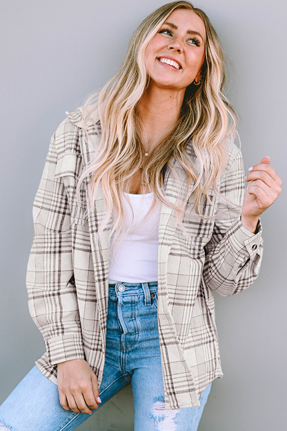Khaki Printed Plus Size Plaid Print Contrast Hooded Shacket