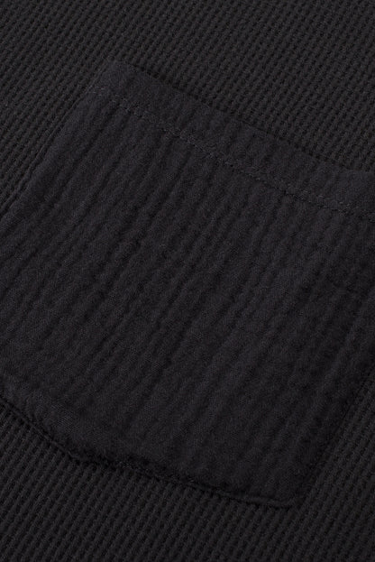 Gray Exposed Seam Patchwork Bubble Sleeve Waffle Knit Top