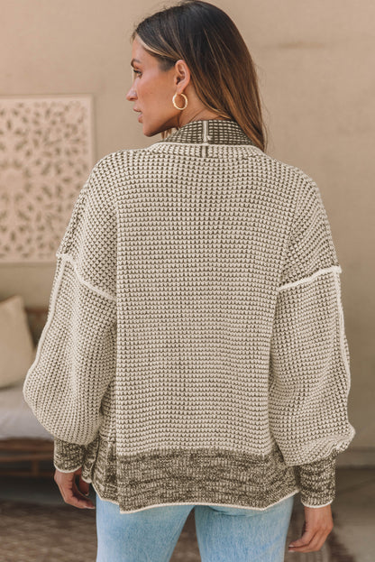 Gray Plaid Knitted Long Open Front Cardigan