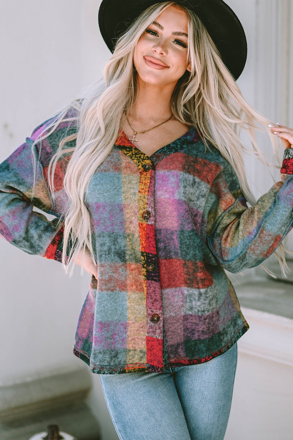 Multicolor Brushed Plaid Buttoned Pullover Oversized Hoodie