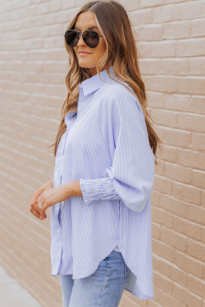 Pink Smocked Cuffed Striped Boyfriend Shirt with Pocket