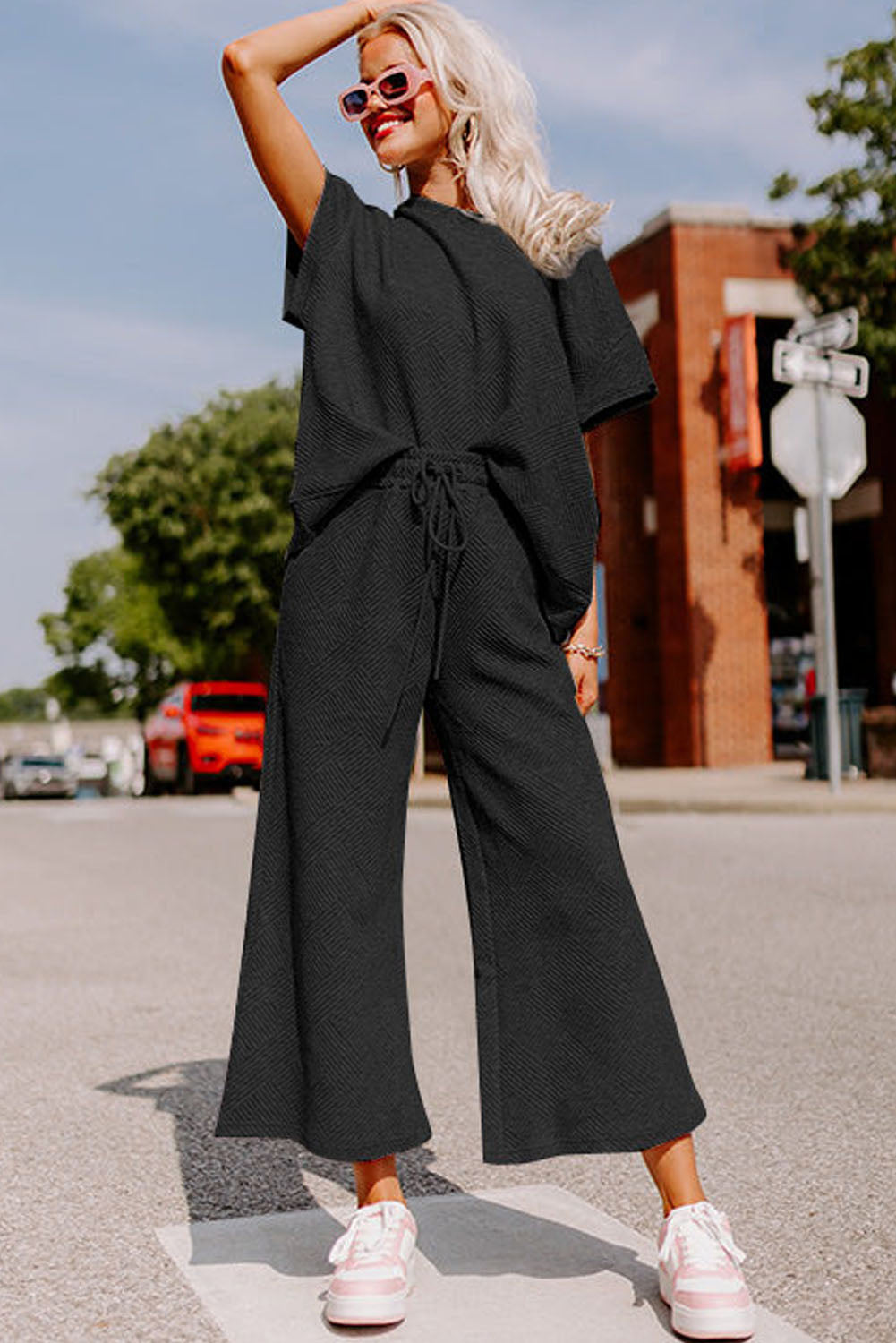 Black Ultra Loose Textured 2pcs Slouchy Outfit