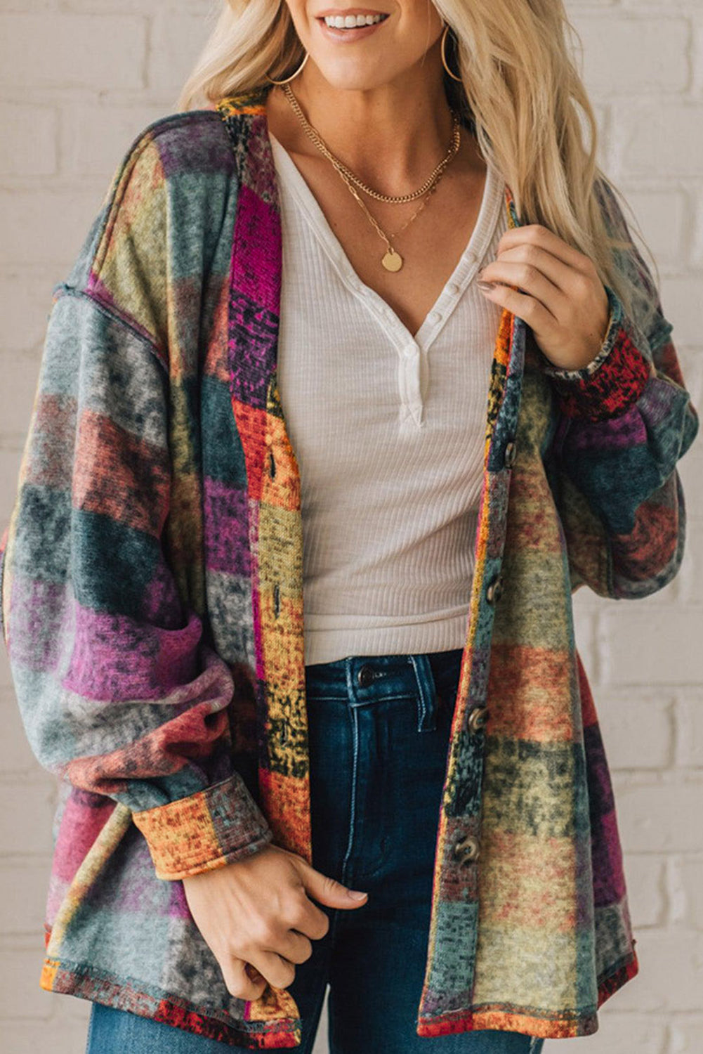 Multicolor Brushed Plaid Buttoned Pullover Oversized Hoodie