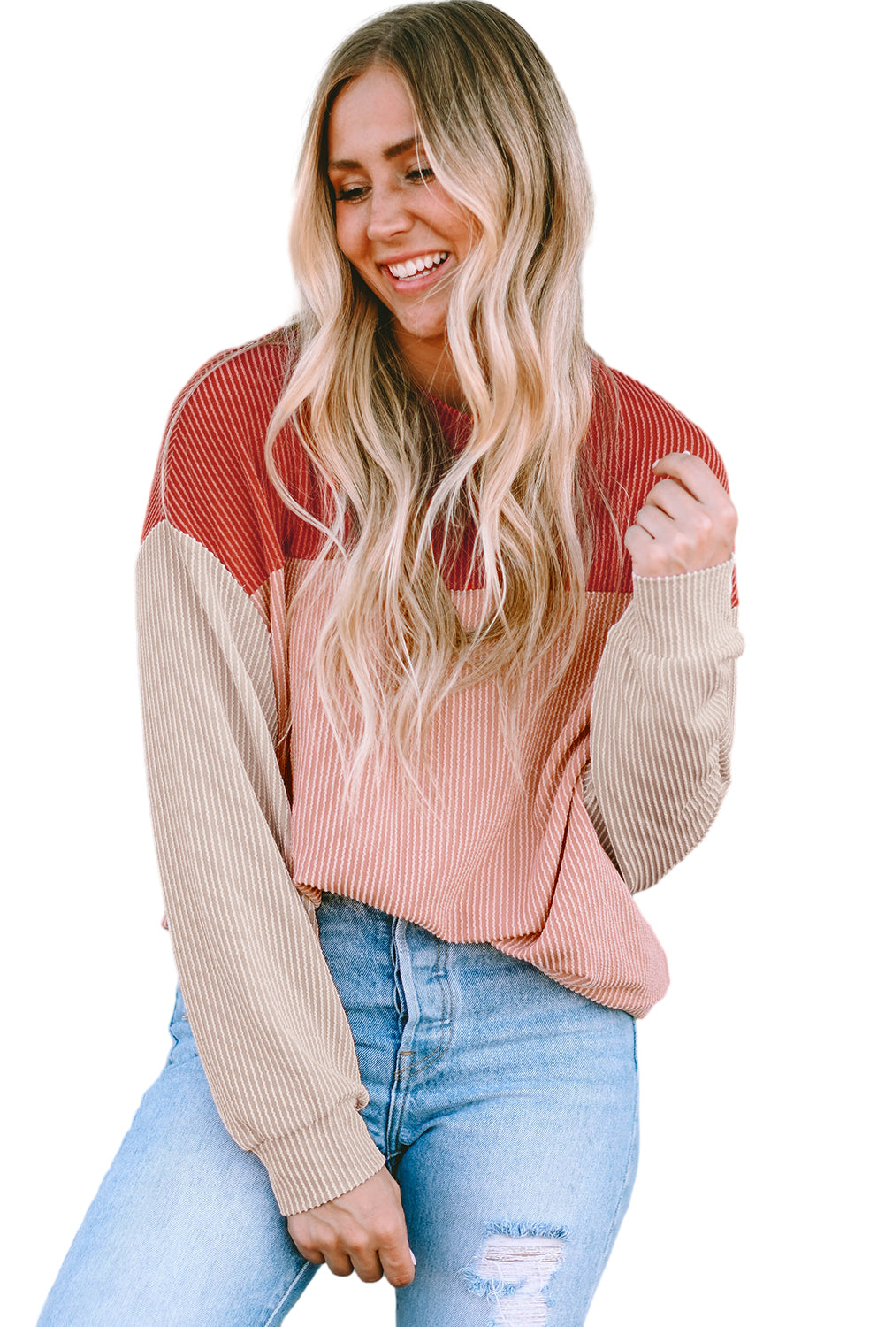 Mineral Red Plus Size Ribbed Colorblock Long Sleeve Top