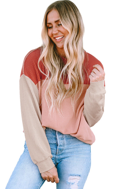 Mineral Red Plus Size Ribbed Colorblock Long Sleeve Top