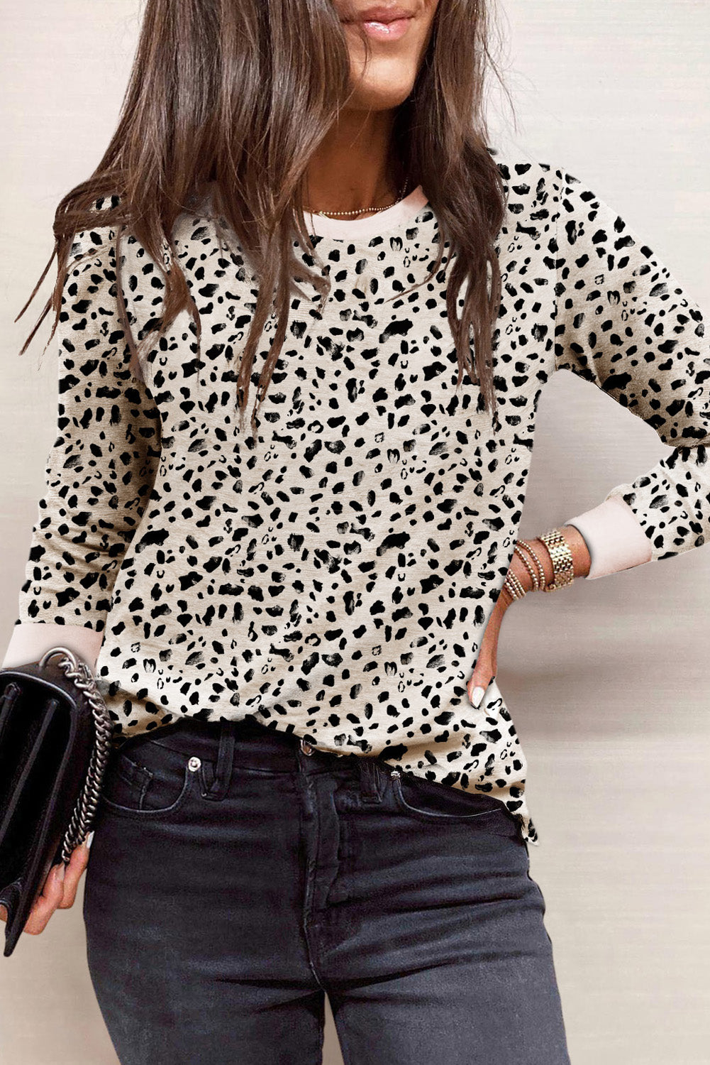 Animal Spotted Print Round Neck Long Sleeve Top