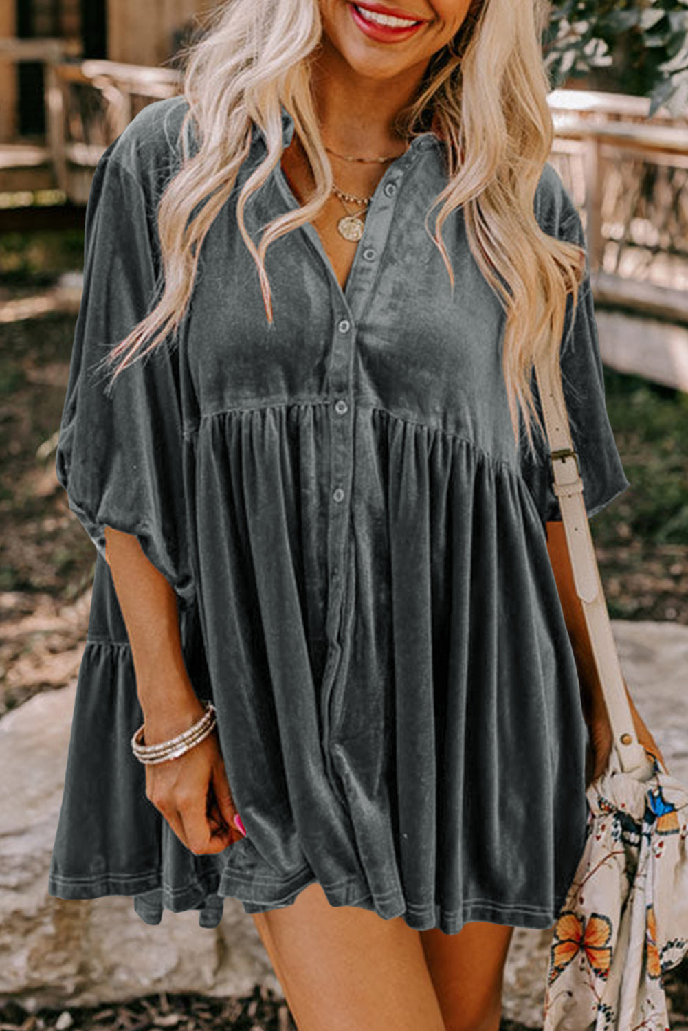 Pale Khaki 3/4 Sleeve Tunic Babydoll Velvet Shirt