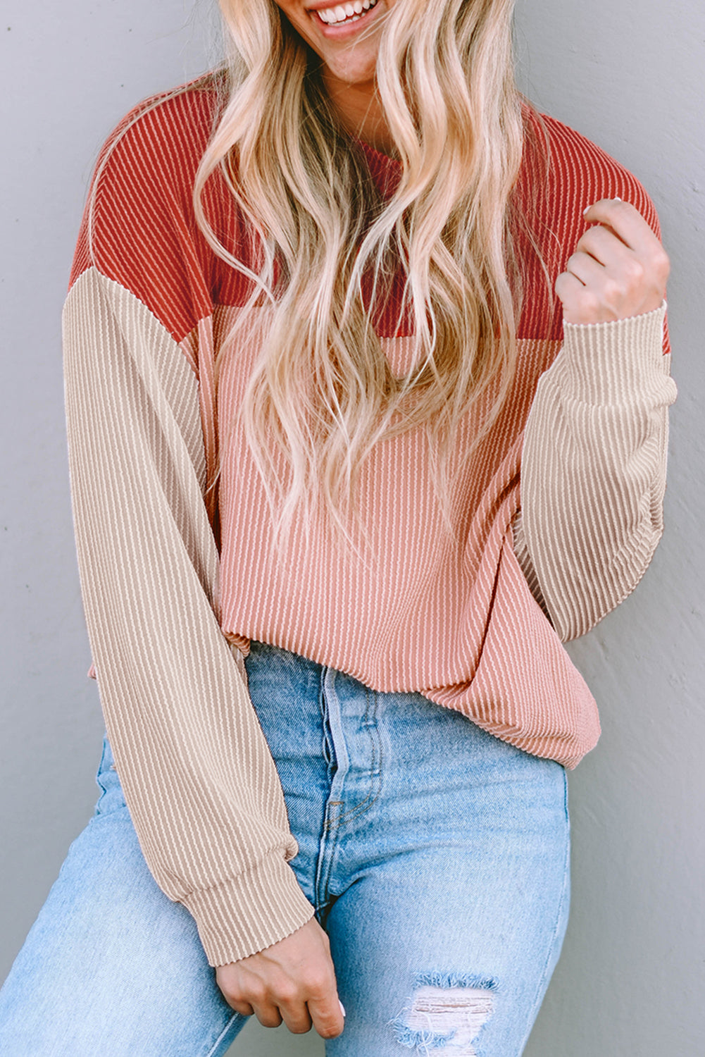 Mineral Red Plus Size Ribbed Colorblock Long Sleeve Top
