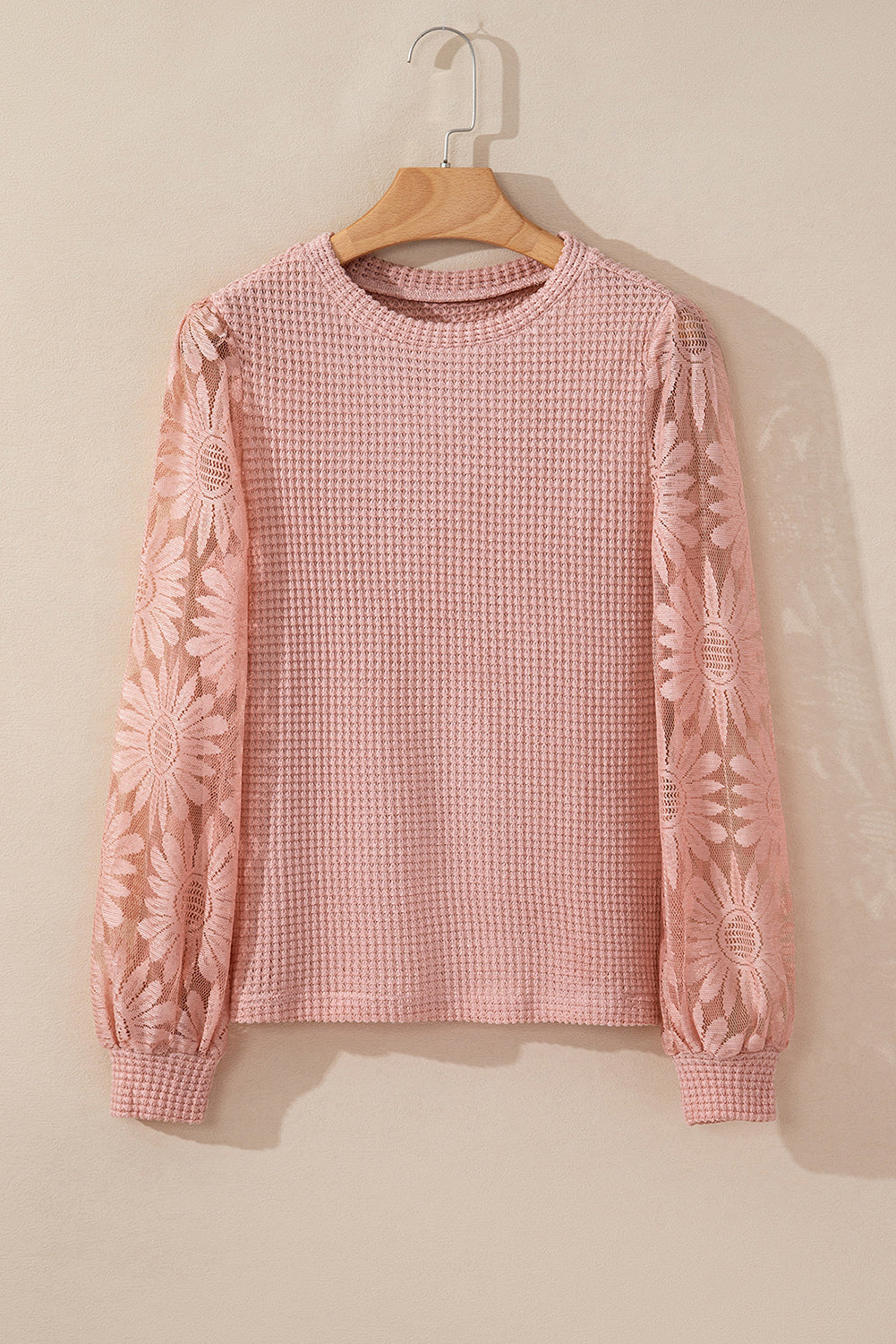 Black Sunflower Mesh Bubble Sleeve Waffle Knit Top