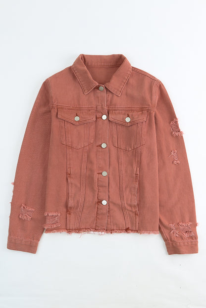 Dark Blue Plus Size Distressed Flap Pocket Denim Jacket