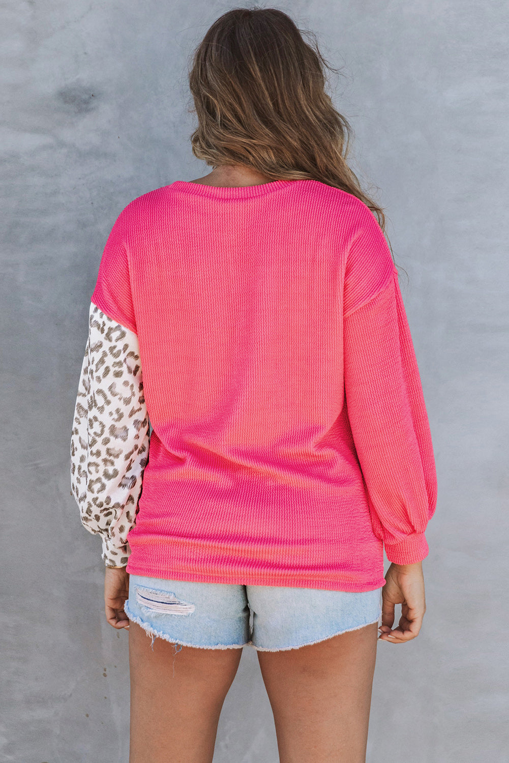 Khaki Ribbed Color Block Leopard Splicing Plus Size Top