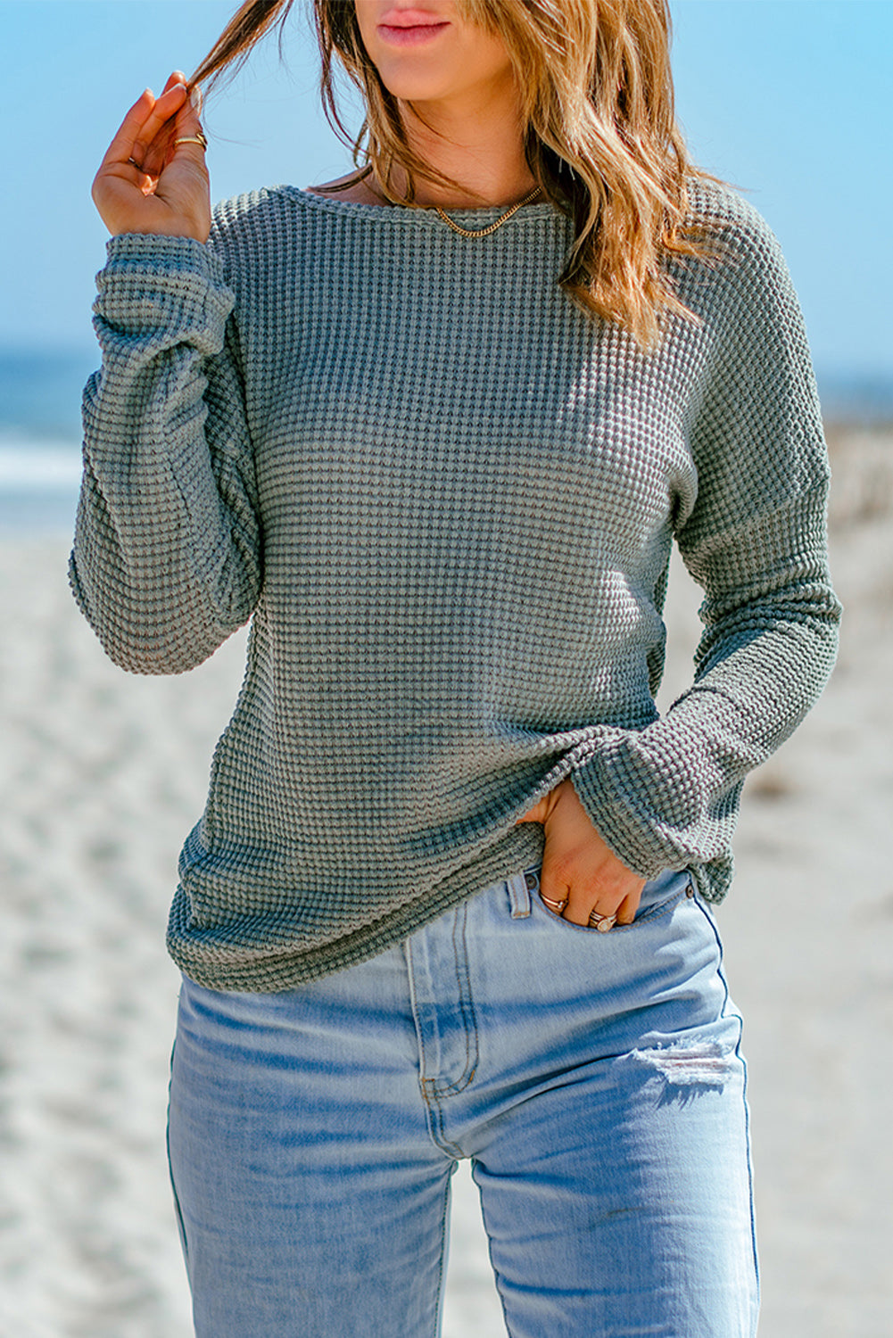Fiery Red Waffle Knit Drop Shoulder Long Sleeve Top