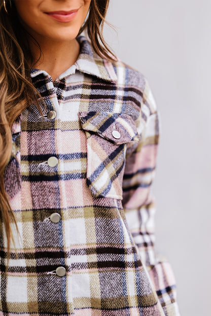 Navy Blue Plus Size Plaid Flap Pocket Shacket
