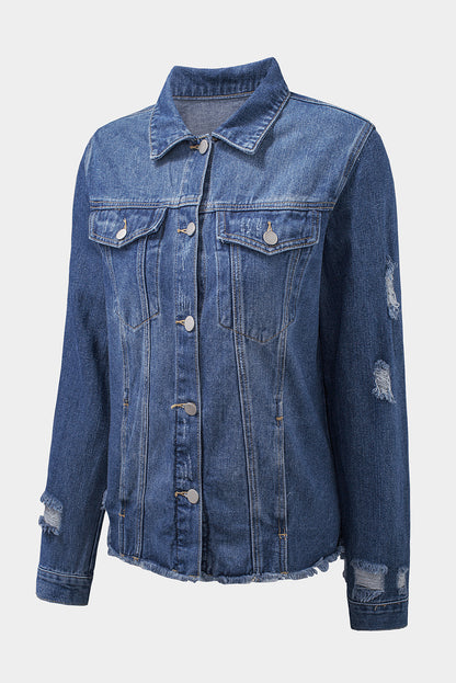 Dark Blue Plus Size Distressed Flap Pocket Denim Jacket