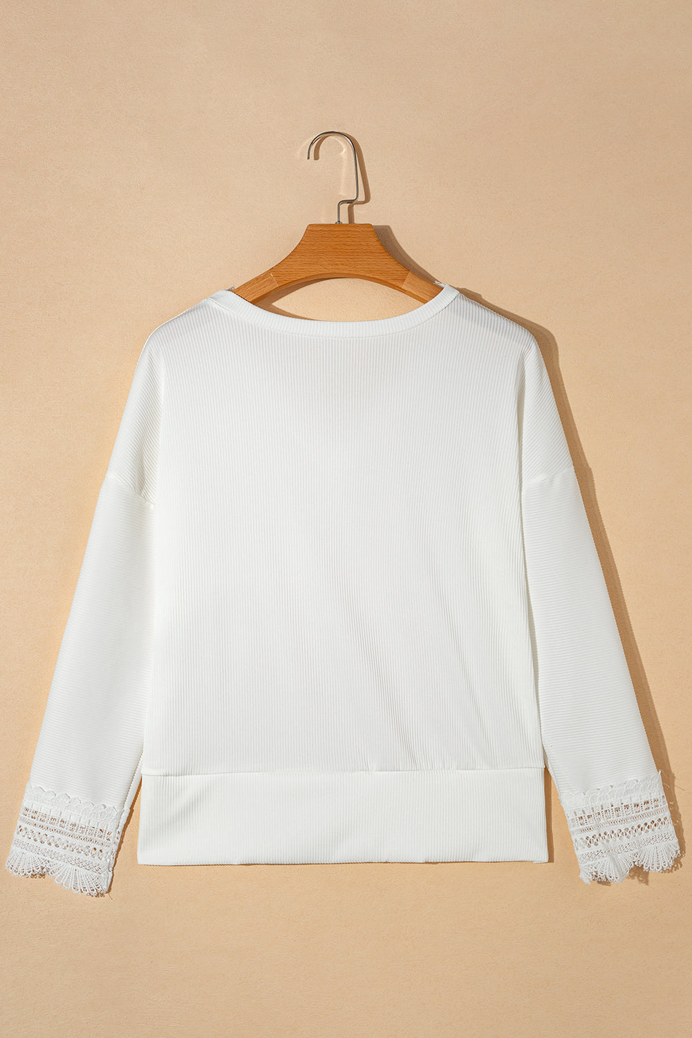 Black Ribbed Texture Lace Trim V Neck Long Sleeve Top