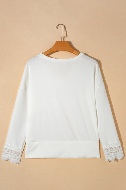 Black Ribbed Texture Lace Trim V Neck Long Sleeve Top