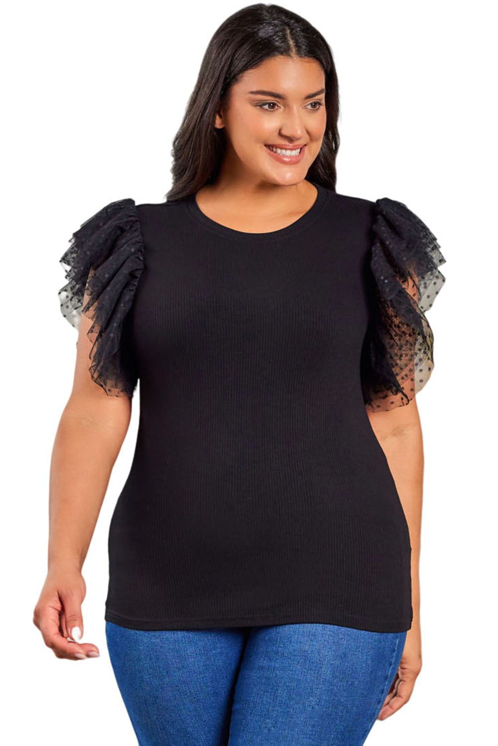 Black Dotty Mesh Ruffle Sleeve Ribbed Knit Top