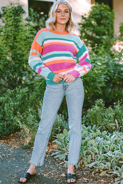 Multicolour Striped Knit Drop Shoulder Puff Sleeve Sweater