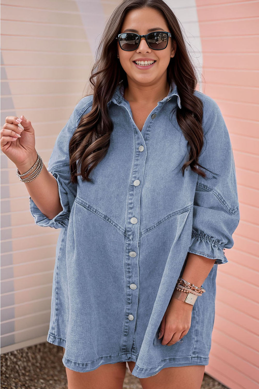 Gray Sequin Nutcracker Graphic Long Sleeve Shirt Denim Dress