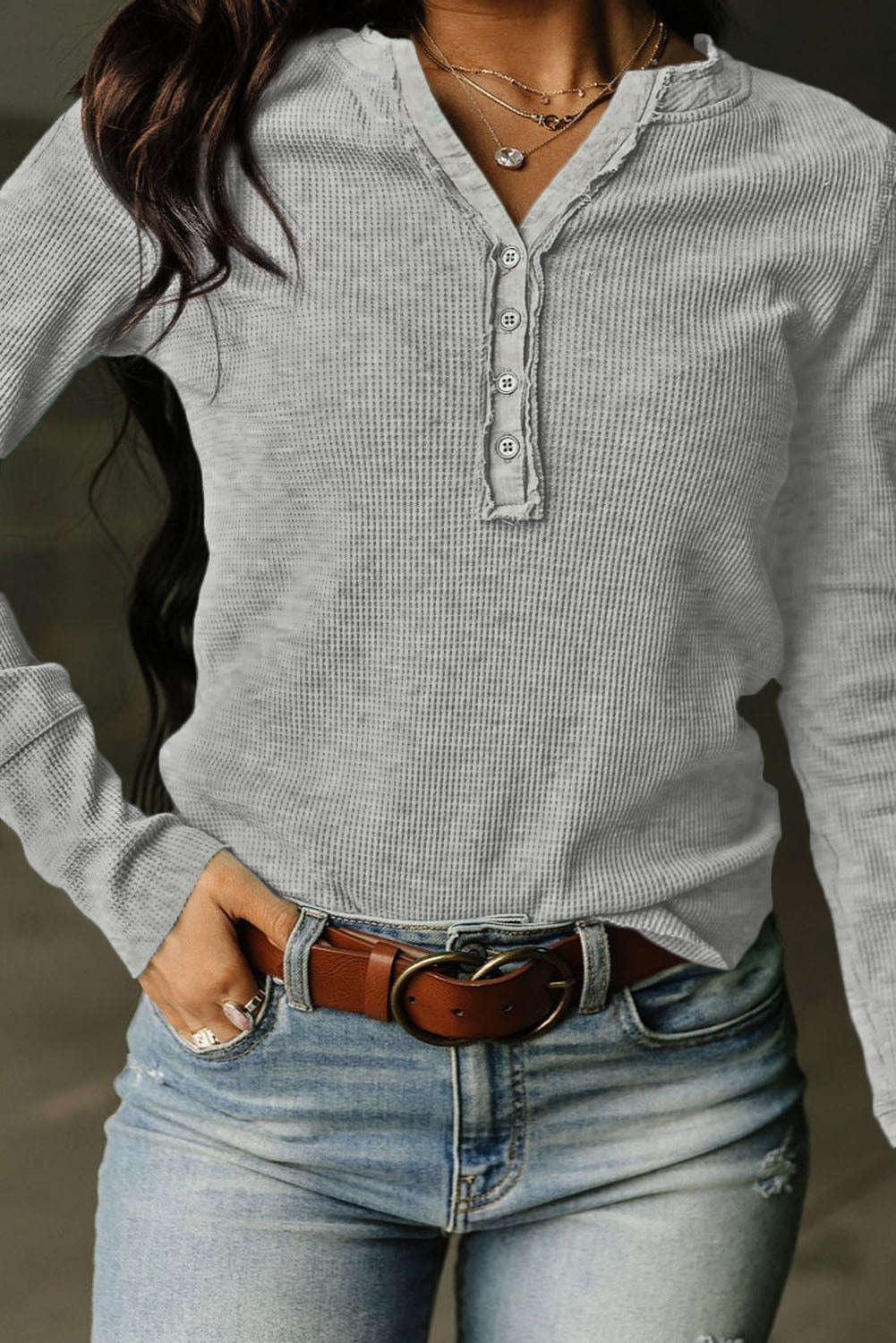 Black Trimmed Neckline Waffle Knit Henley Top
