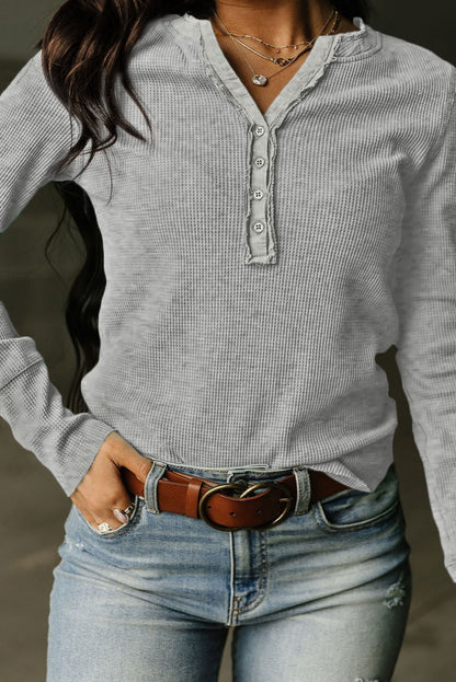 Black Trimmed Neckline Waffle Knit Henley Top