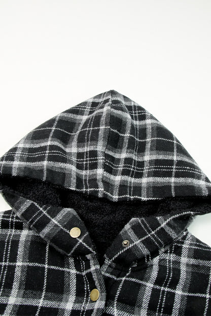Orange Plaid Pattern Sherpa Lined Hooded Shacket