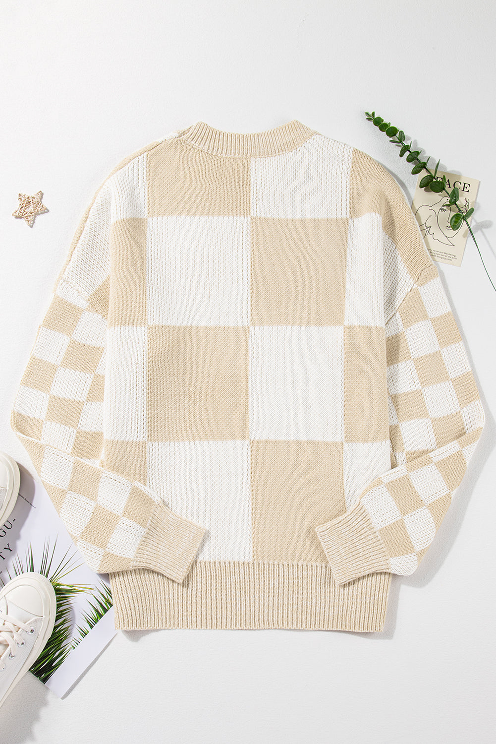 Medium Grey Checkered Print Drop Shoulder Sweater