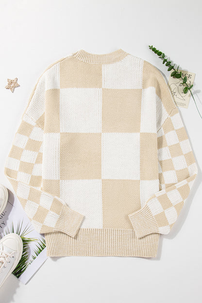 Medium Grey Checkered Print Drop Shoulder Sweater
