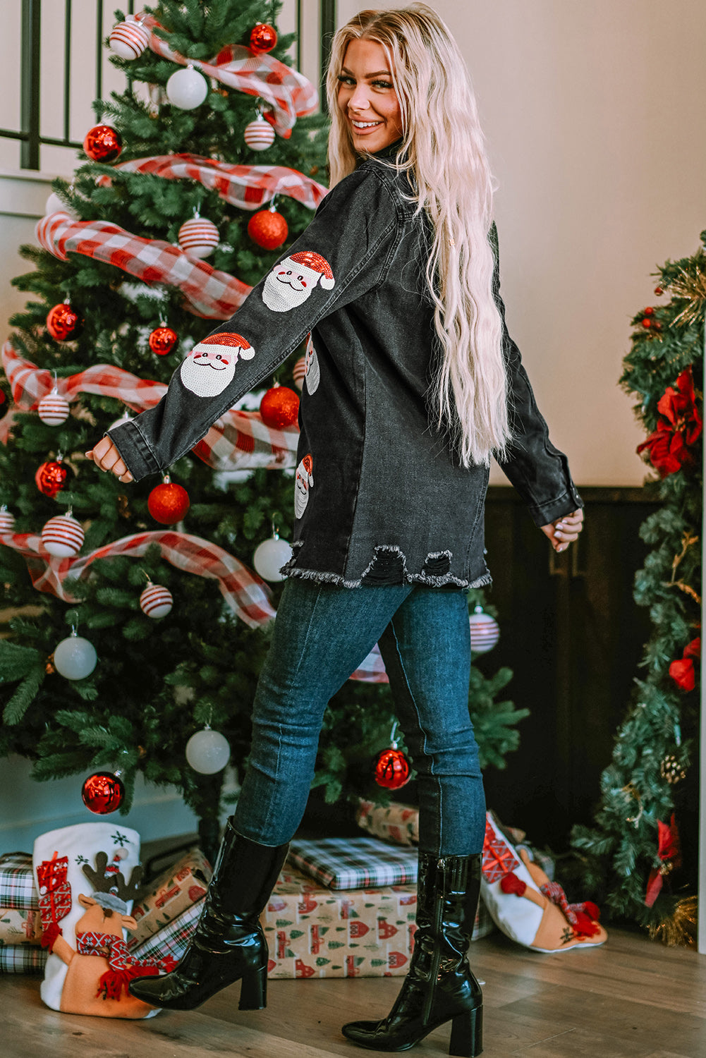 Fiery Red Sequined Christmas Tree Raglan Sleeve Sweatshirt