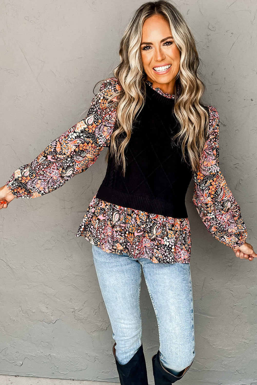 Golden Fleece Floral Patchwork Ruffled Cuff Cable Knit Sweater
