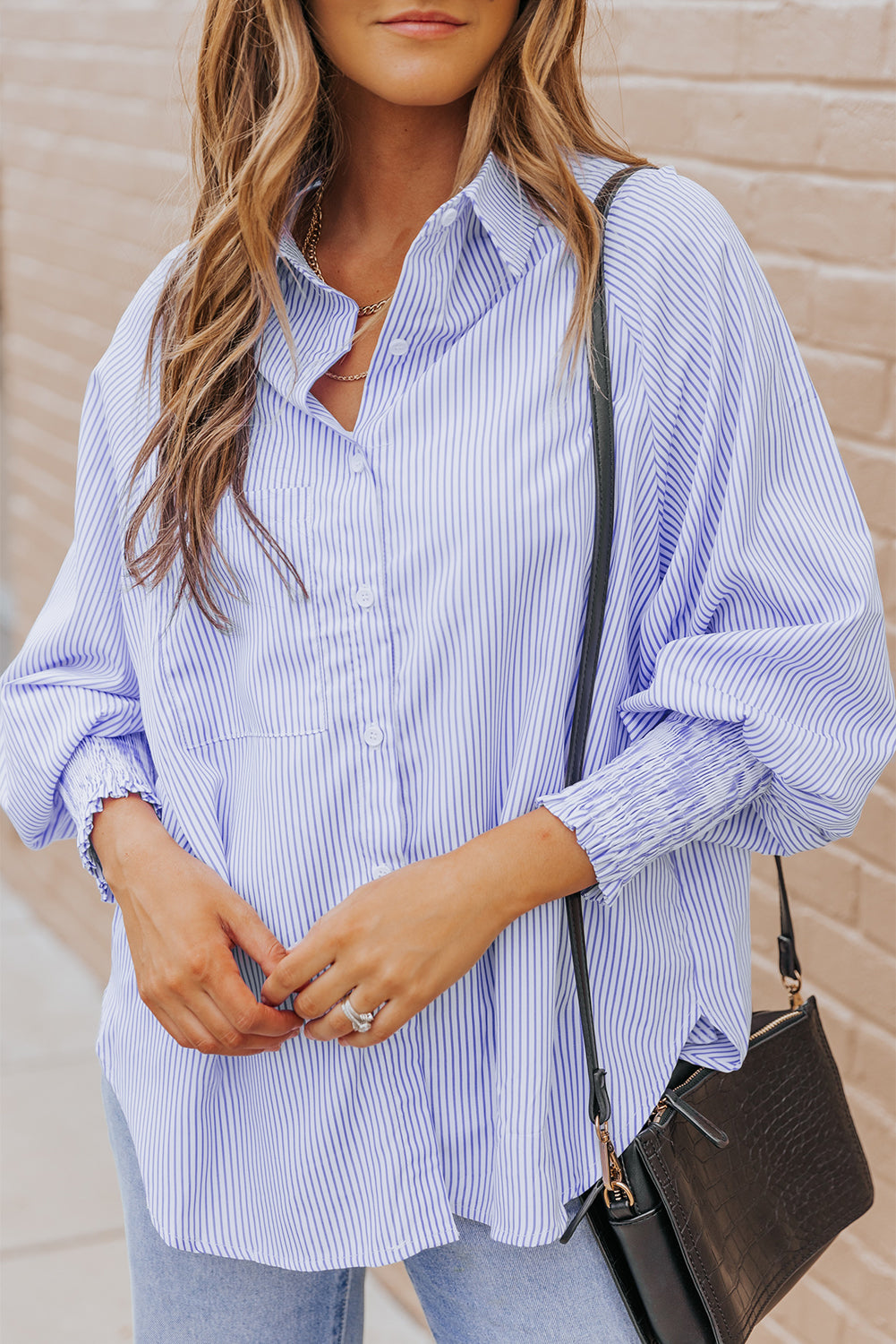 Pink Smocked Cuffed Striped Boyfriend Shirt with Pocket